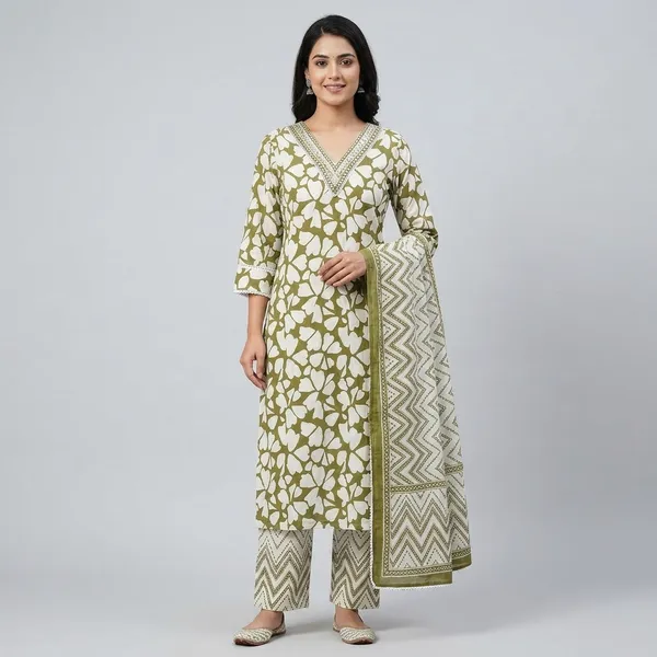 Olive_Green_White_Cotton_Printed_Kurta_Pant_Set_For_Women