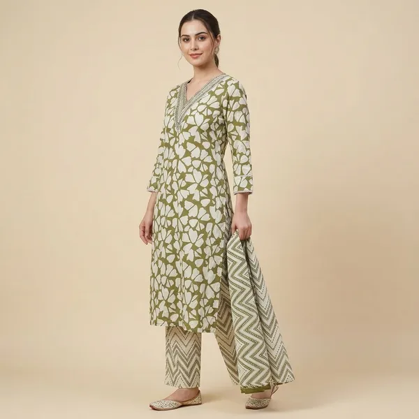 Olive_Green_White_Cotton_Printed_Kurta_Pant_Set_For_Women