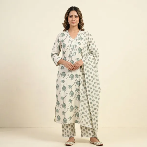 White_Blue_Cotton_Floral_Print_Kurta_Pant_Set_For_Women