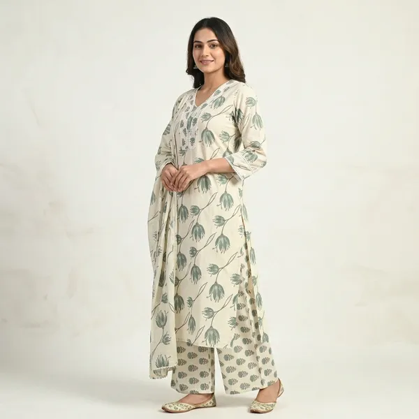 White_Blue_Cotton_Floral_Print_Kurta_Pant_Set_For_Women