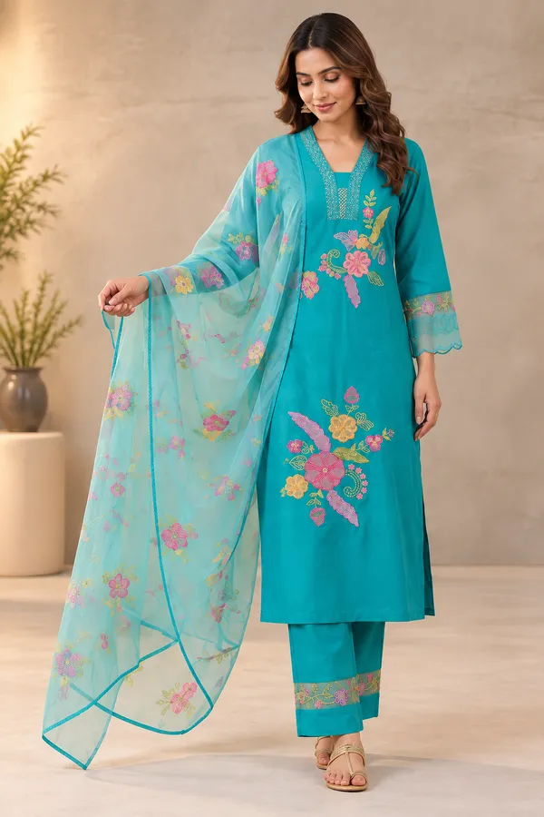 Teal_Embroidered_Straight_Kurta_Set_For_Women