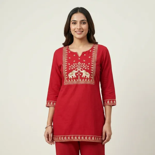 Red_Cotton_Embroidered_Short_Kurti_For_Women