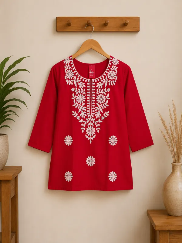 Red_Cotton_Embroidered_Short_Kurti_For_Women