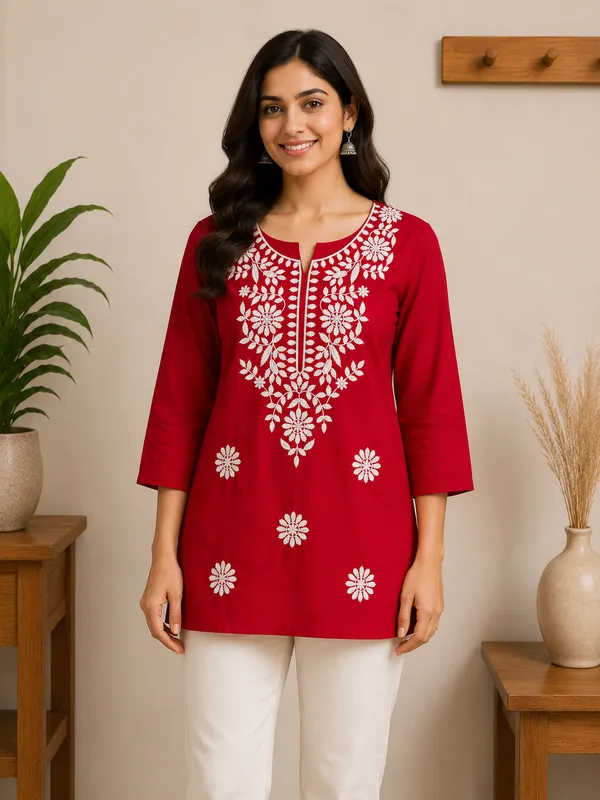 Red_Cotton_Embroidered_Short_Kurti_For_Women