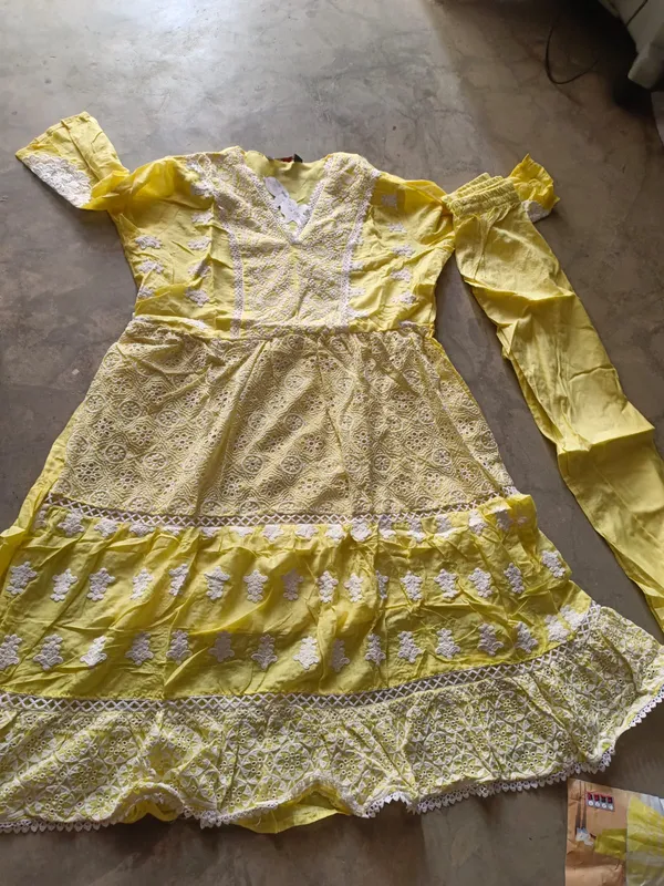 Yellow_Cotton_Lace_Embroidered_Flared_Anarkali_Set_For_Women