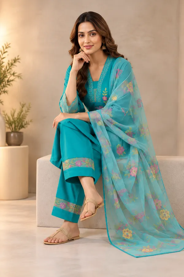 Teal_Embroidered_Straight_Kurta_Set_For_Women