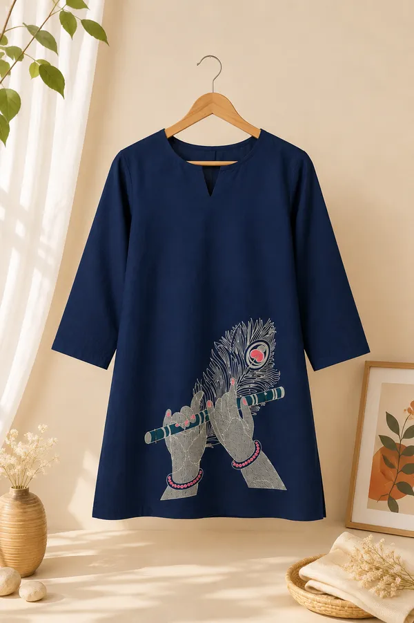 Blue_Cotton_Embroidered_Short_Kurti_For_Women