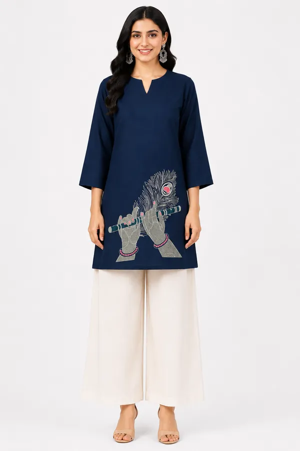 Blue_Cotton_Embroidered_Short_Kurti_For_Women