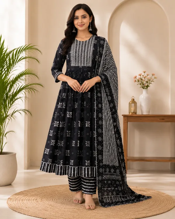 Black_Cotton_Floral_Print_Anarkali_Set_For_Women