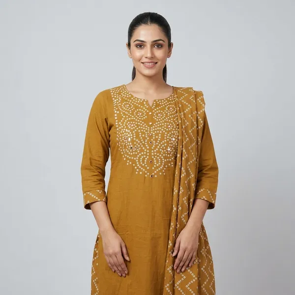 Brown_Dabu_Cotton_Mirror_Work_Embellished_Kurta_Set_For_Women