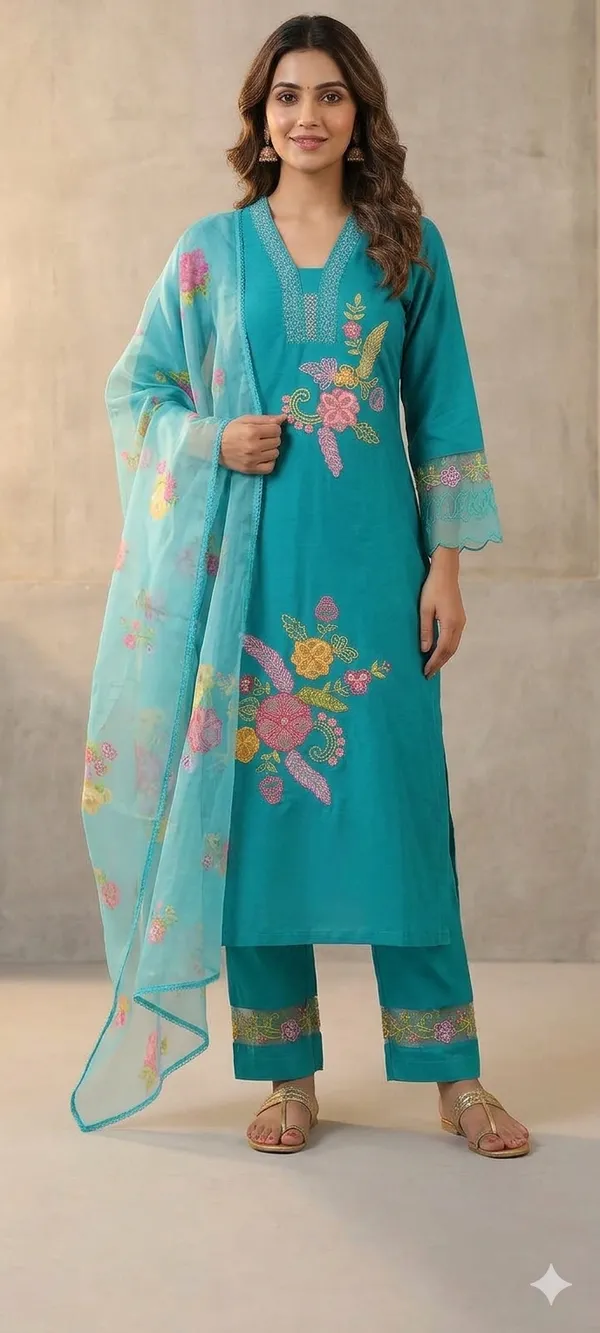 Teal_Embroidered_Straight_Kurta_Set_For_Women