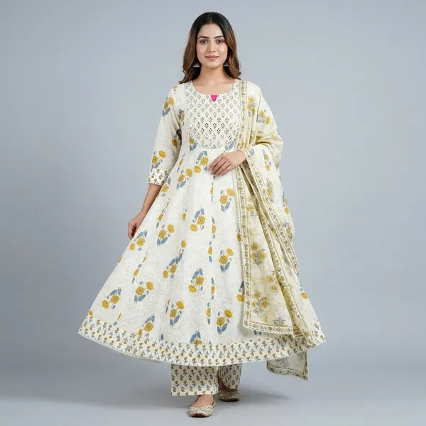 Off_White_Cotton_Floral_Print_Anarkali_Set_With_Dupatta_Pant_For_Women