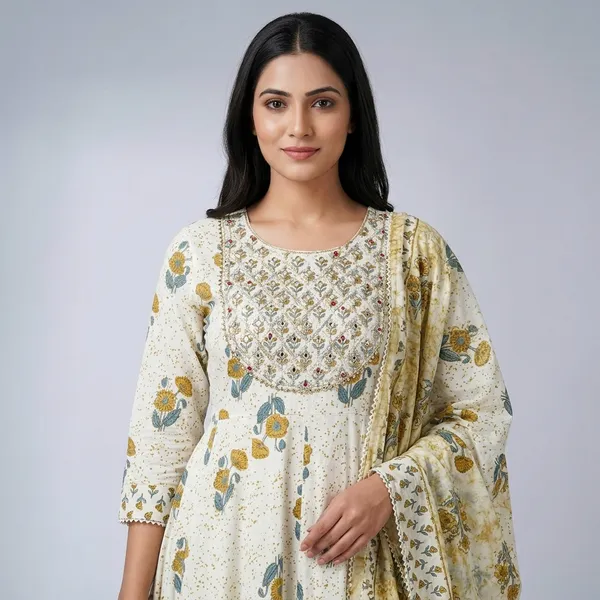 Off_White_Cotton_Floral_Print_Anarkali_Set_With_Dupatta_Pant_For_Women