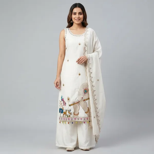 White_Cotton_Silk_Embroidered_Peacock_Motif_Kurta_Set_For_Women