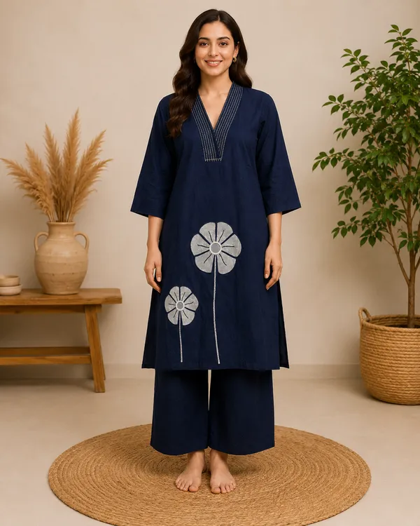 Navy_Blue_Cotton_Floral_Embroidered_Long_Co-Ord_Set_For_Women