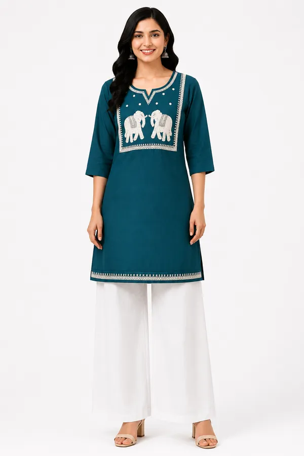 Teal_Blue_Cotton_Embroidered_Short_Kurti_For_Women