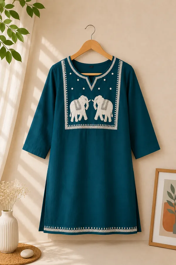 Teal_Blue_Cotton_Embroidered_Short_Kurti_For_Women