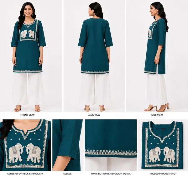 Teal_Blue_Cotton_Embroidered_Short_Kurti_For_Women