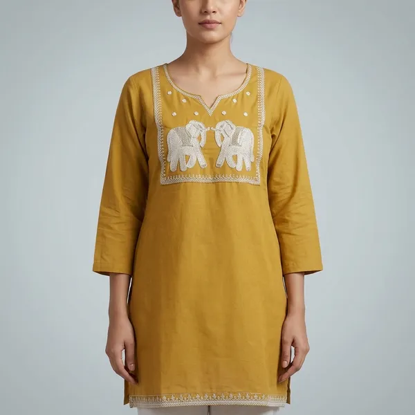 Mustard_Yellow_Cotton_Embroidered_Short_Kurti_For_Women