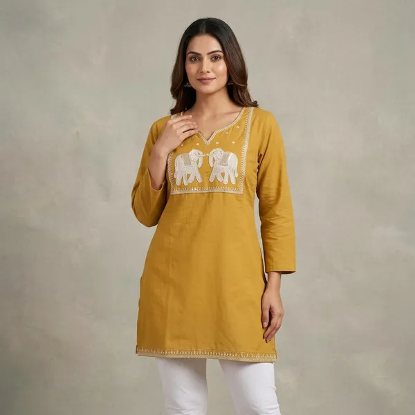 Mustard_Yellow_Cotton_Embroidered_Short_Kurti_For_Women