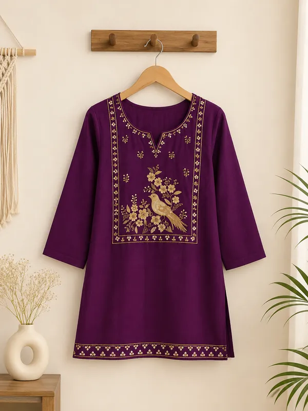 Wine_Cotton_Peacock_Embroidered_Short_Kurti_For_Women