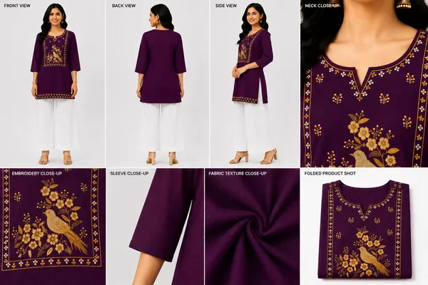 Wine_Cotton_Peacock_Embroidered_Short_Kurti_For_Women