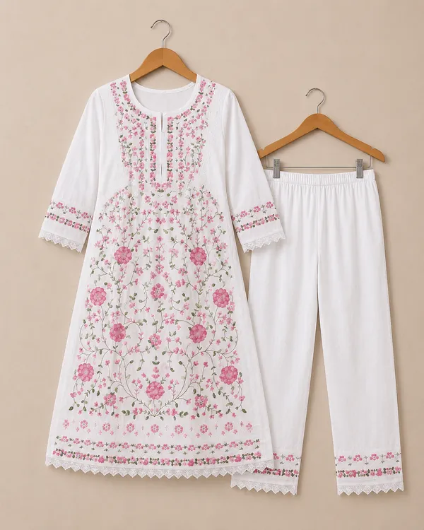 White_Cotton_Floral_Embroidered_Kurta_Pajama_Set_For_Women