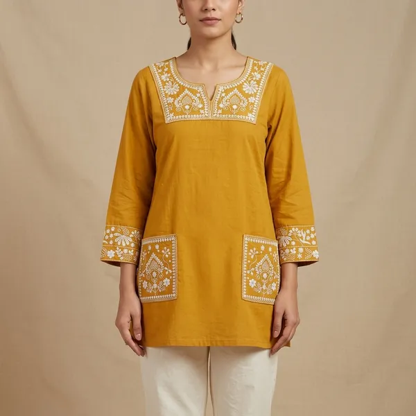 Mustard_Yellow_Cotton_Embroidered_Short_Kurti_For_Women