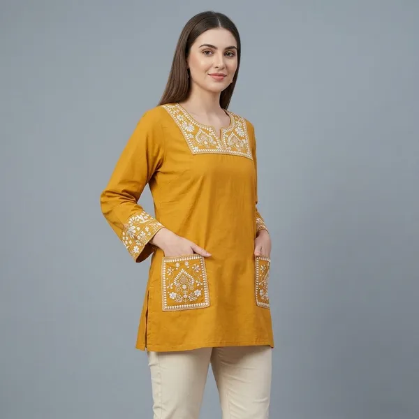 Mustard_Yellow_Cotton_Embroidered_Short_Kurti_For_Women