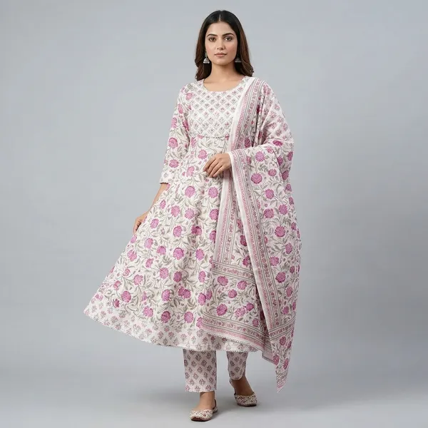 White_&_Purple_Cotton_Floral_Print_Anarkali_Set_For_Women