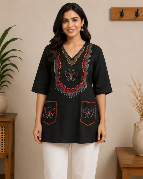 Black_Cotton_Butterfly_Motif_Embroidered_Short_Kurti_For_Women