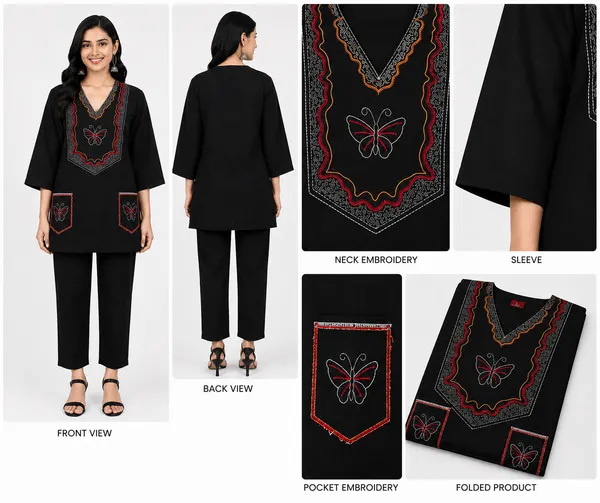 Black_Cotton_Butterfly_Motif_Embroidered_Short_Kurti_For_Women