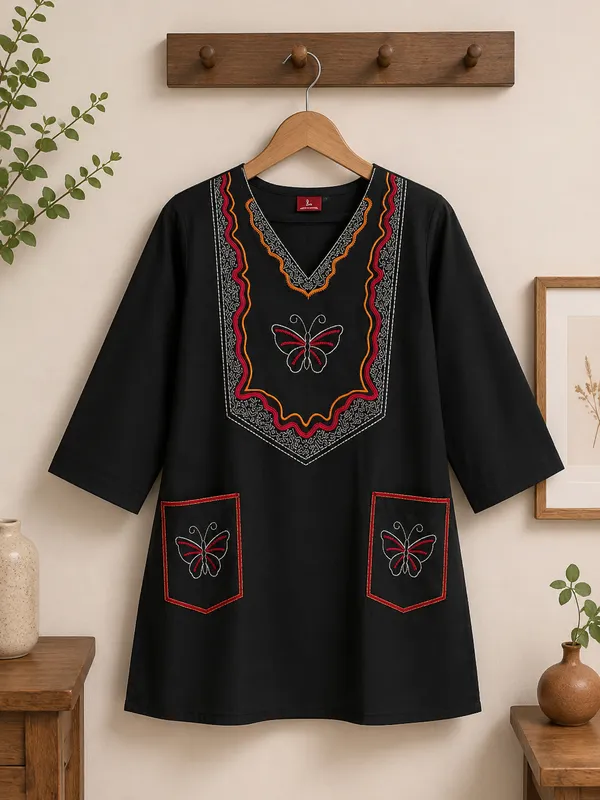 Black_Cotton_Butterfly_Motif_Embroidered_Short_Kurti_For_Women
