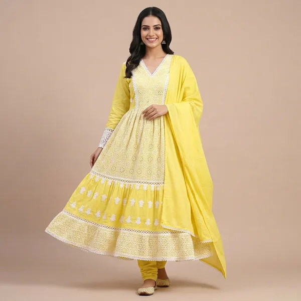 Yellow_Cotton_Lace_Embroidered_Flared_Anarkali_Set_For_Women