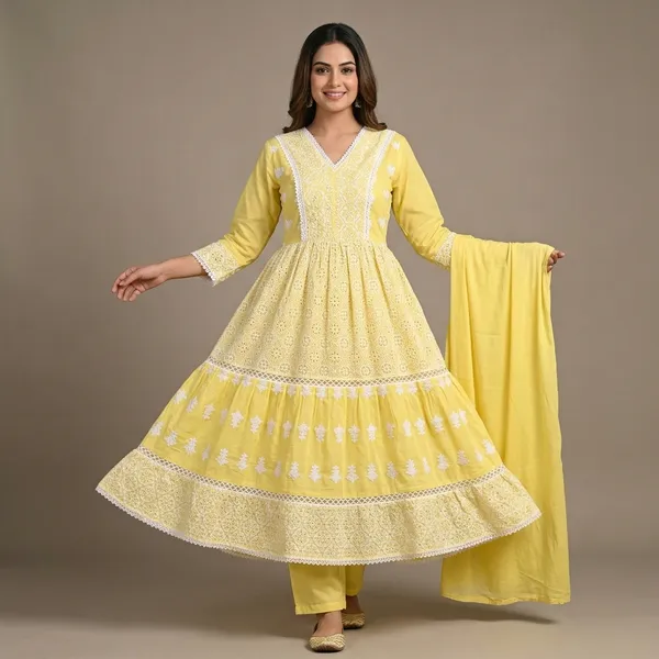 Yellow_Cotton_Lace_Embroidered_Flared_Anarkali_Set_For_Women