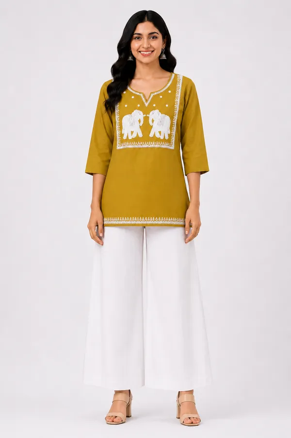 Mustard_Yellow_Cotton_Embroidered_Short_Kurti_For_Women