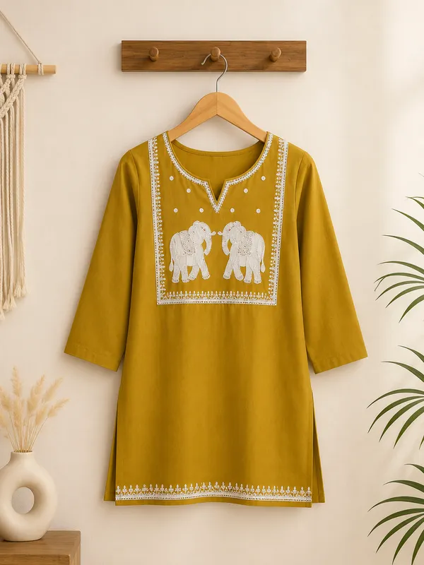 Mustard_Yellow_Cotton_Embroidered_Short_Kurti_For_Women