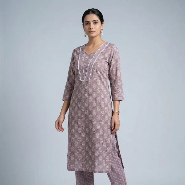 Lavender_Cotton_Block_Print_Kurta_Set_For_Women