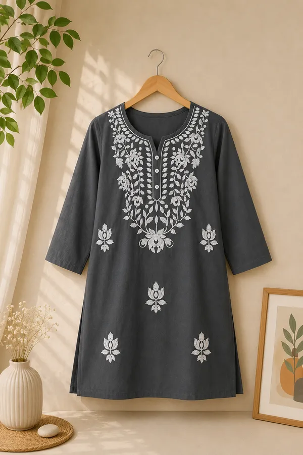 Grey_Cotton_Embroidered_Short_Kurti_For_Women