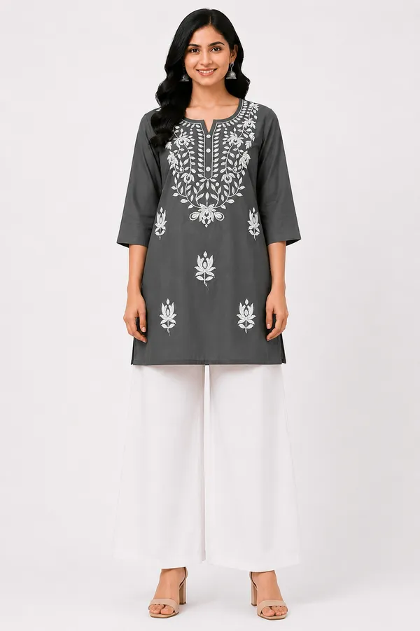 Grey_Cotton_Embroidered_Short_Kurti_For_Women