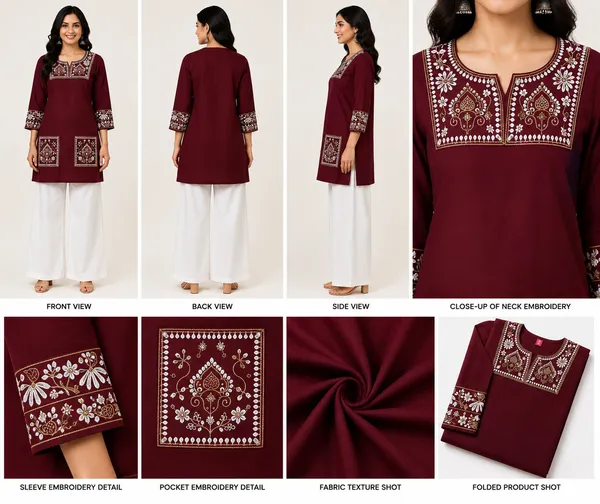 Maroon_Cotton_Embroidered_Short_Kurti_For_Women