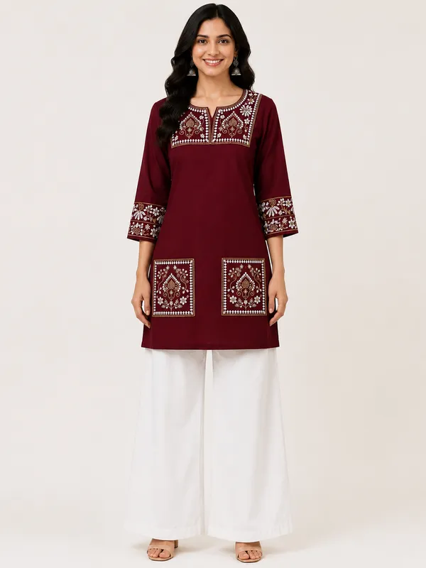 Maroon_Cotton_Embroidered_Short_Kurti_For_Women