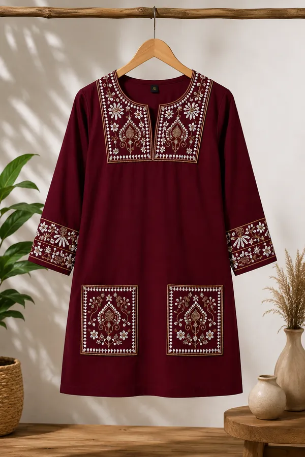 Maroon_Cotton_Embroidered_Short_Kurti_For_Women