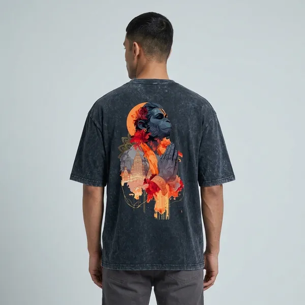 Lord_Hanuman_praying_Acid_Washed_Oversized_Tee_Navy_Blue