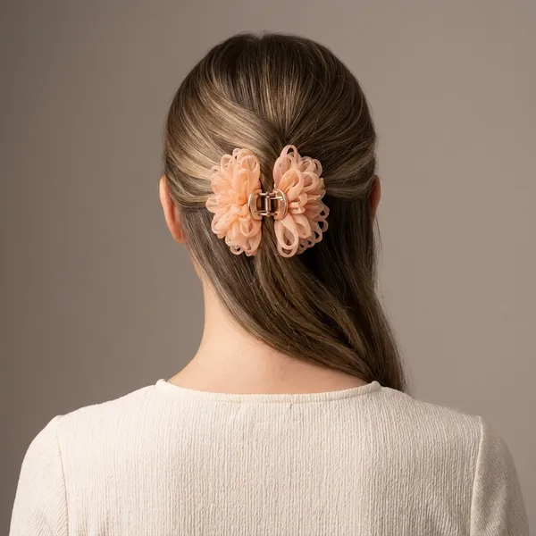 Peach_Resin_Floral_Pom_Pom_Claw_Hair_Clip_For_Women