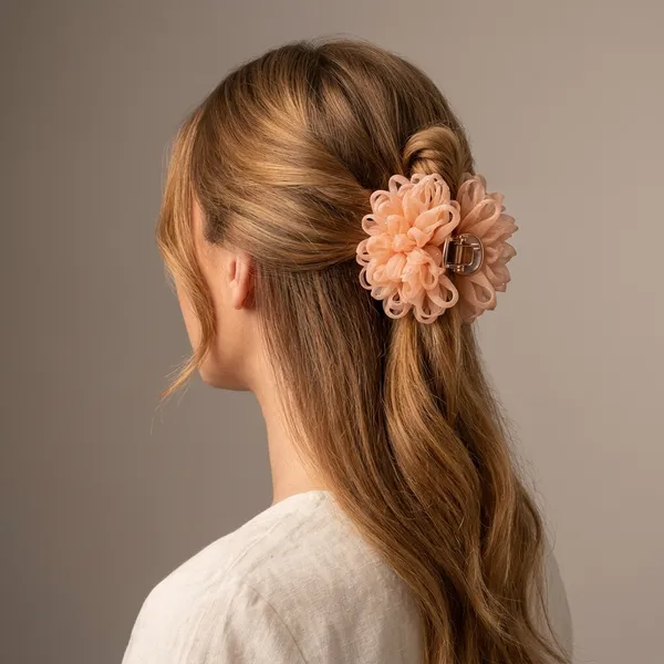 Peach_Resin_Floral_Pom_Pom_Claw_Hair_Clip_For_Women