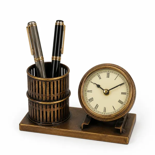 Iron_Antique_Bronze_Roman_Numeral_Desk_Clock_With_Pen_Holder