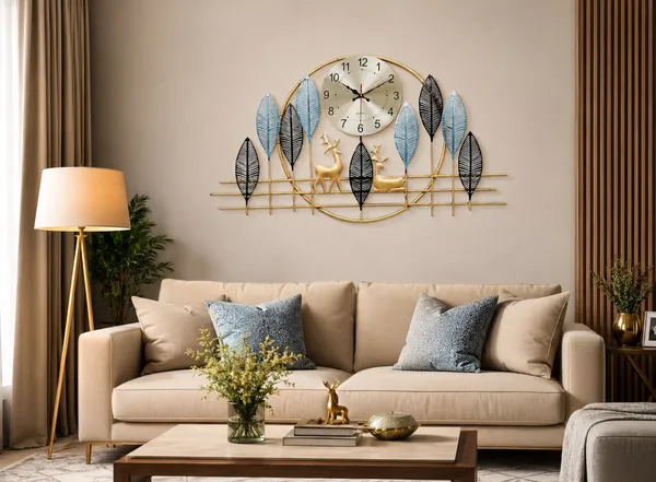 Iron_Nature-Inspired_Gold_Deer_Leaf_Analog_Wall_Clock