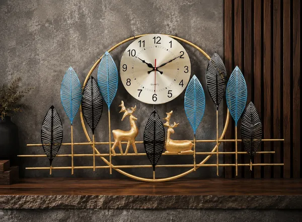 Iron_Nature-Inspired_Gold_Deer_Leaf_Analog_Wall_Clock