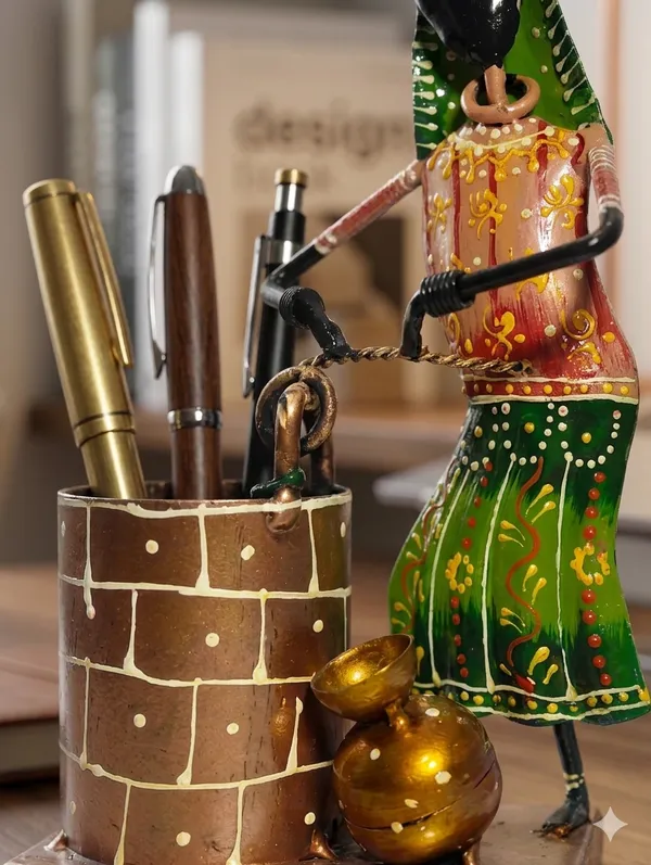 Metal_Hand-Painted_Indian_Woman_Water_Well_Pen_Stand